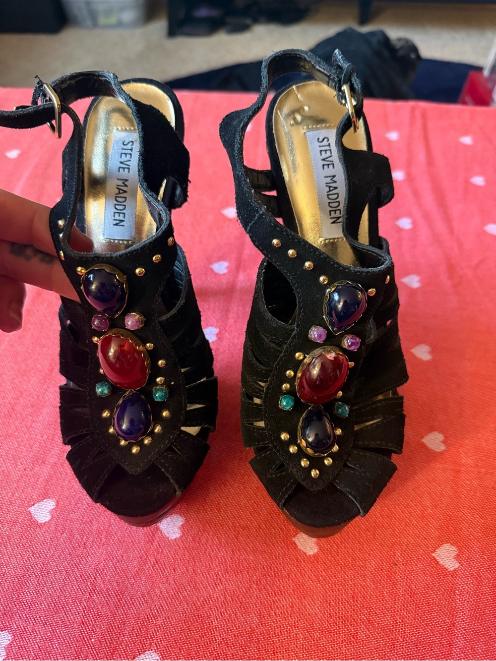 Steve Madden Black Leather Suede Jeweled Open-Toe Platform Heels